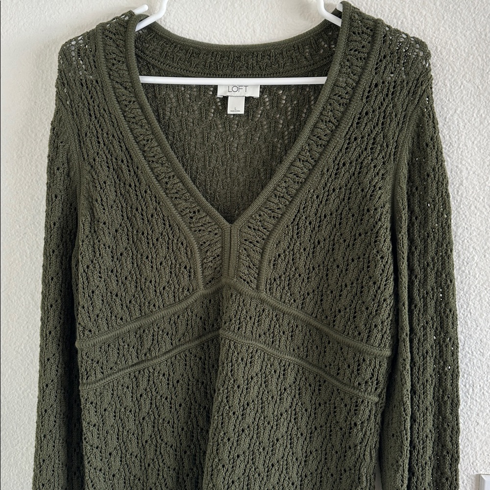 LOFT Dark Olive V-Neck Textured Knit Sweater